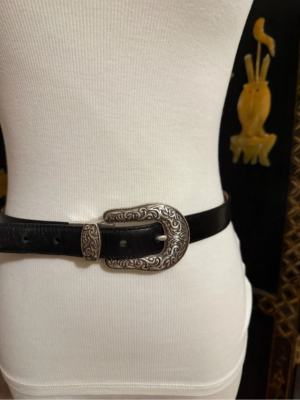 Vintage Black Western Reversible Leather Belt with Ornate Silver Buckle